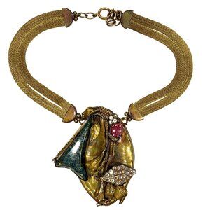 Luigi Briglia Italy Statement Necklace Antiqued Mesh Chain Green Pink Stones